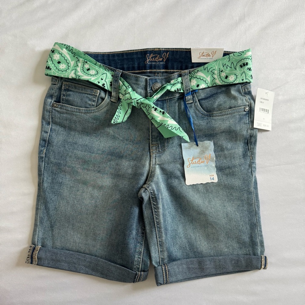 Studio V High-Waisted Denim Shorts with Bandana Scarf Belt - Girls Size 14 NWT - Picture 7 of 8